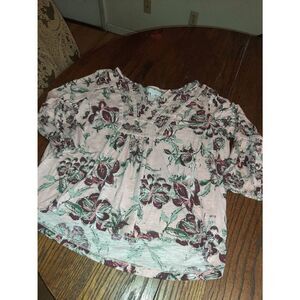 Medium New Directions Pink Maroon Floral 3/4 Sleeve V-Neck Shirt Top Blouse